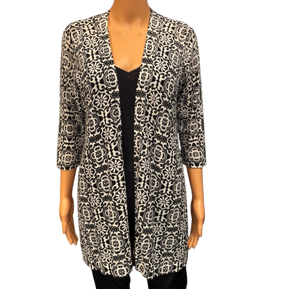 CHICOS Tile-Print Lightweight Open Cardigan Black White 0